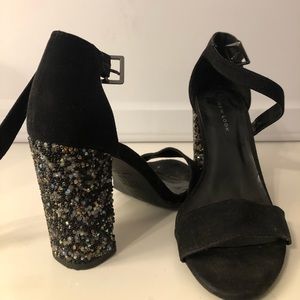 Black open toed heel sandals with beads